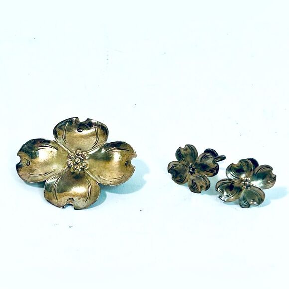 Vintage Stuart Nye RARE SET Sterling Silver Dogwood Floral Brooch and Earrings - Picture 1 of 13